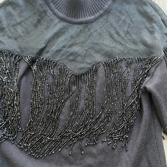 paola bernardi black mesh tassel fringe embellished long sleeve knit sweater new - Picture 4 of 5